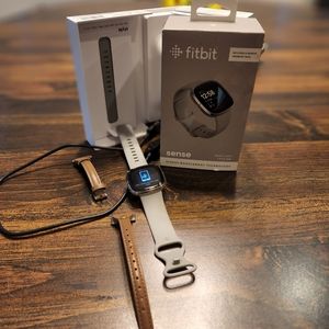 Fitbit Sense Sage Grey/Silver w/extra leather band!